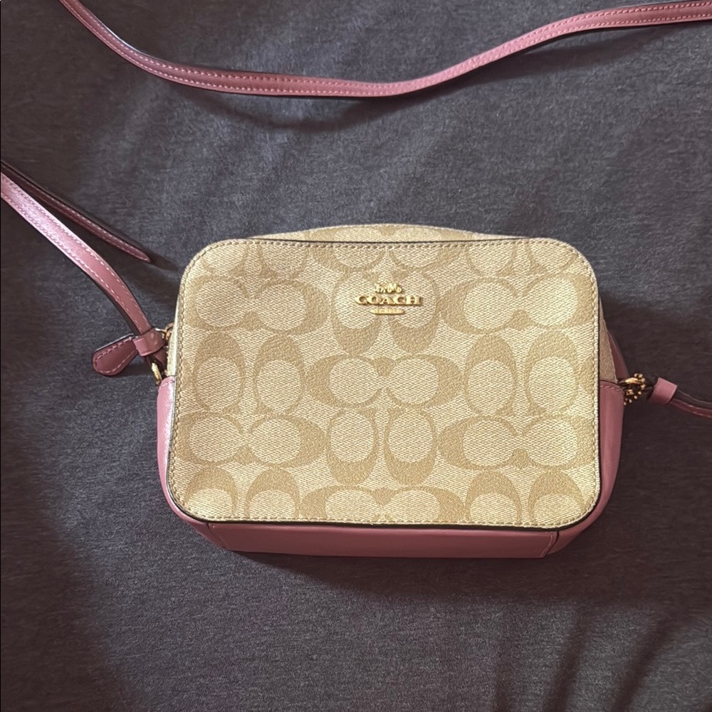 Coach Tan and Pink Crossbody Bag with Signature Monogram